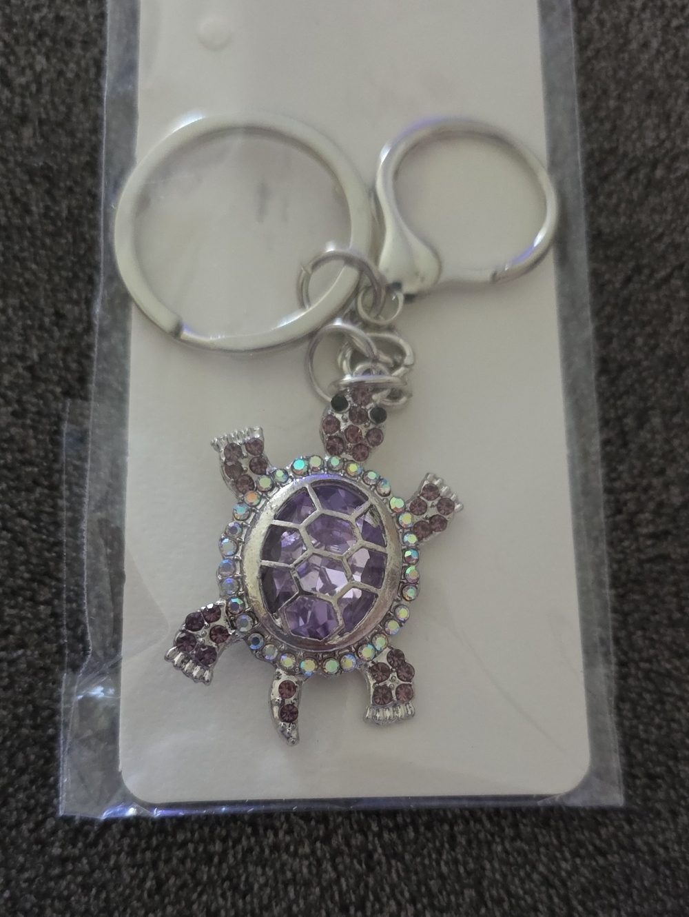 Silver Turtle Keychain with Purple Gem Accent
